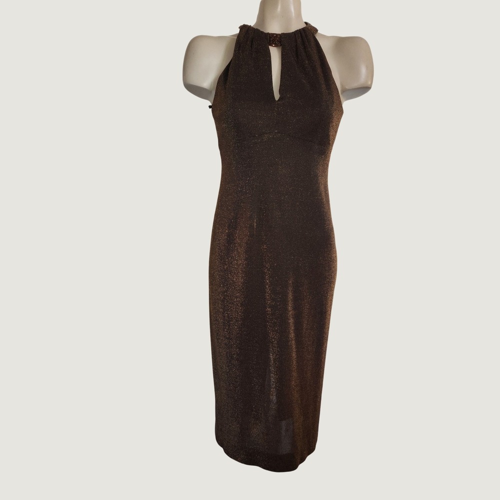 Alex Evenings Womens Metallic Bronze Halter Neck Beaded Midi Sheath Dress Size 4
